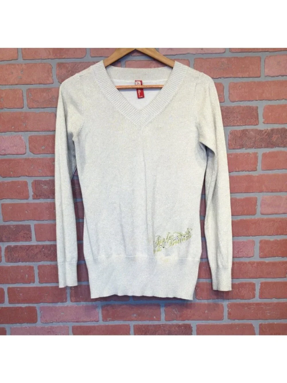 VTG 90s Y2K Apple Bottoms XL V Neck Sweater Gold Shimmer Knit Hip Hop Streetwear